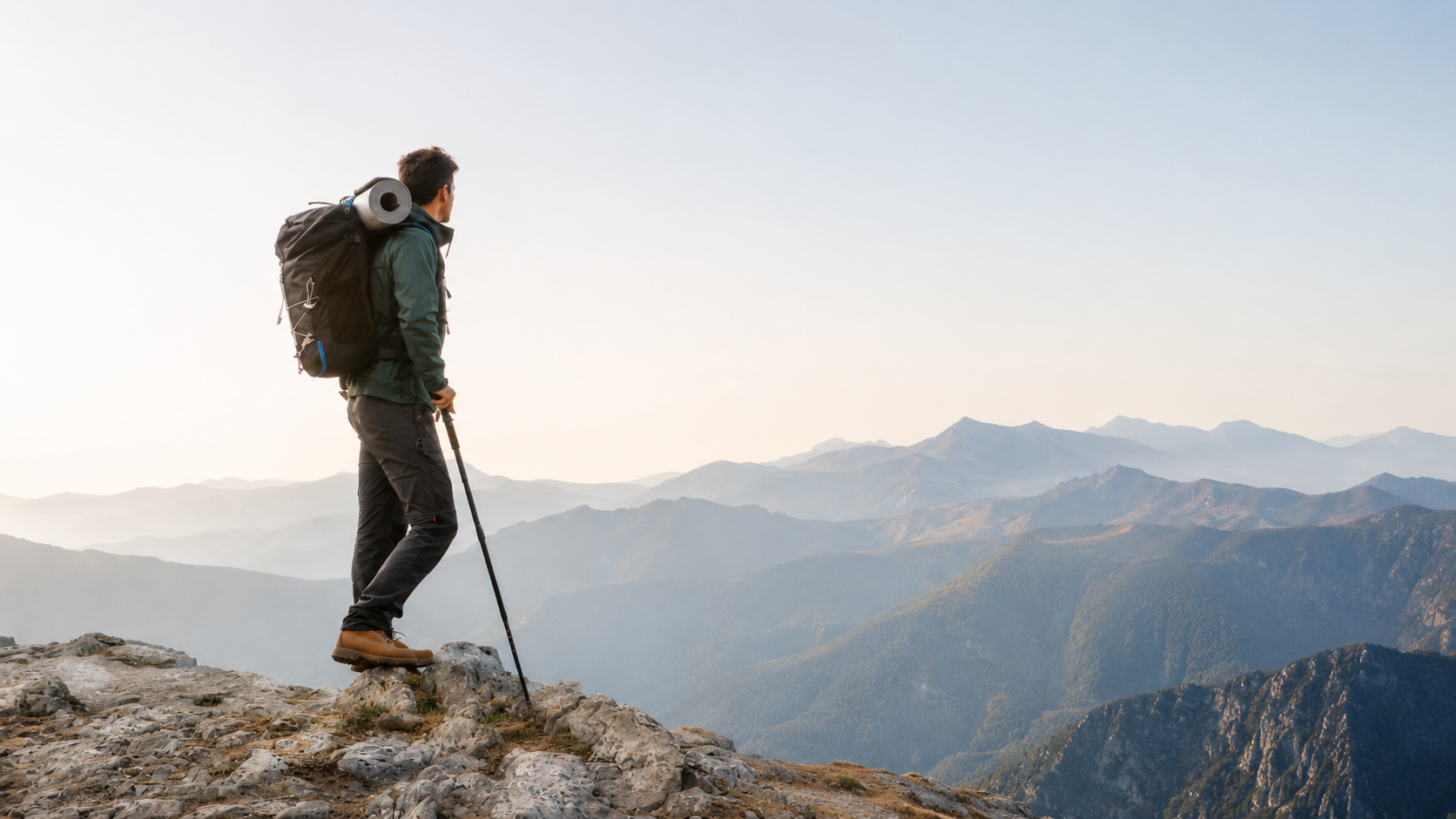 Hiker overlooking a mountain range at sunrise